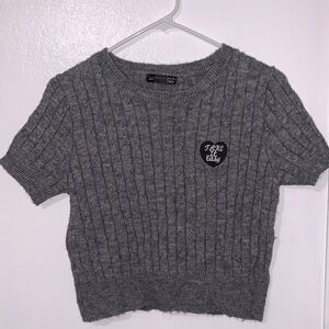 Cozy Grey Cable-Knit Short Sleeve Sweater Top